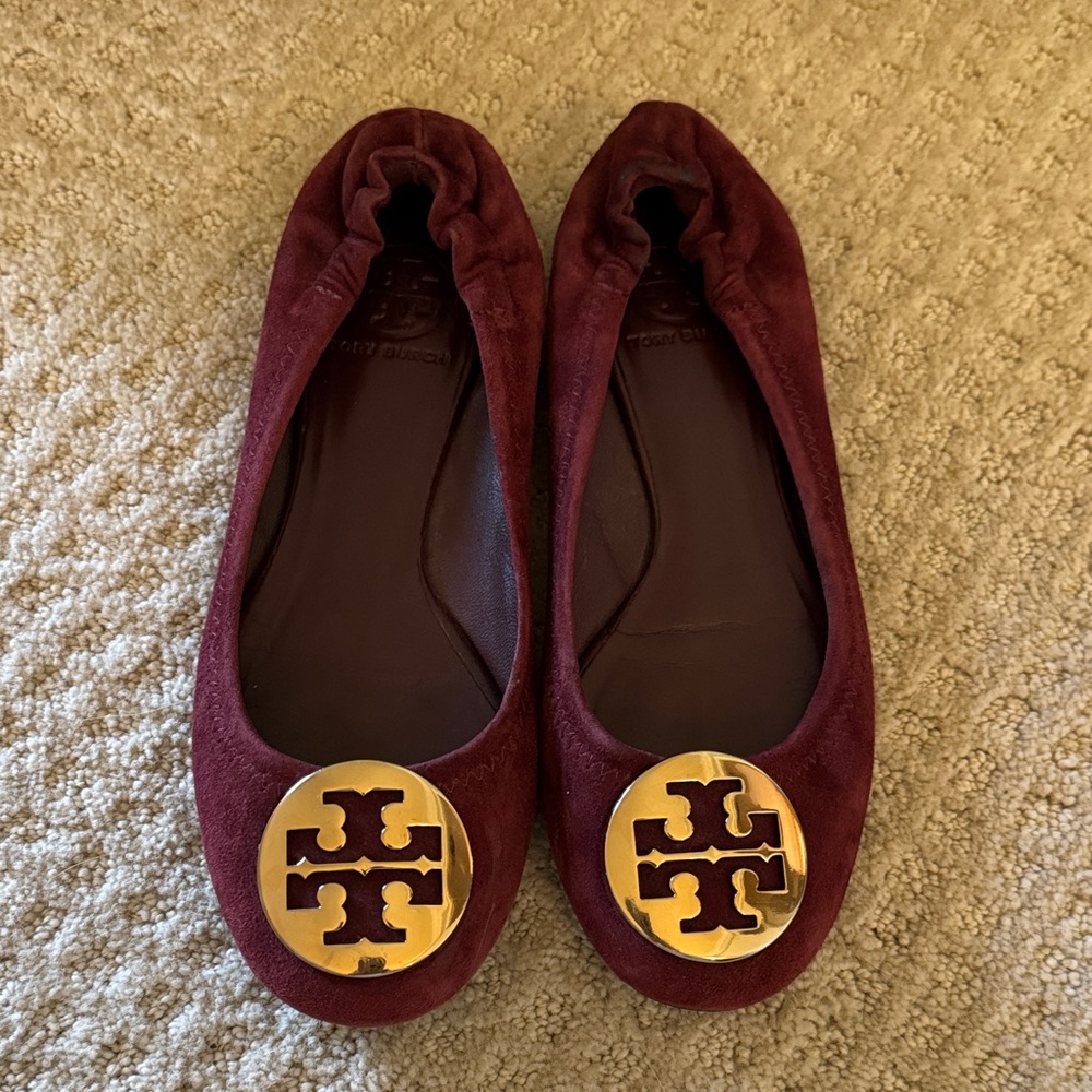 Tory Burch Suede Flats with Gold Logo, dark cranberry color